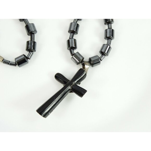 Religious Necklace Hematite Gray Beads Black Crucifix Cross Christian Catholic - Picture 4 of 5